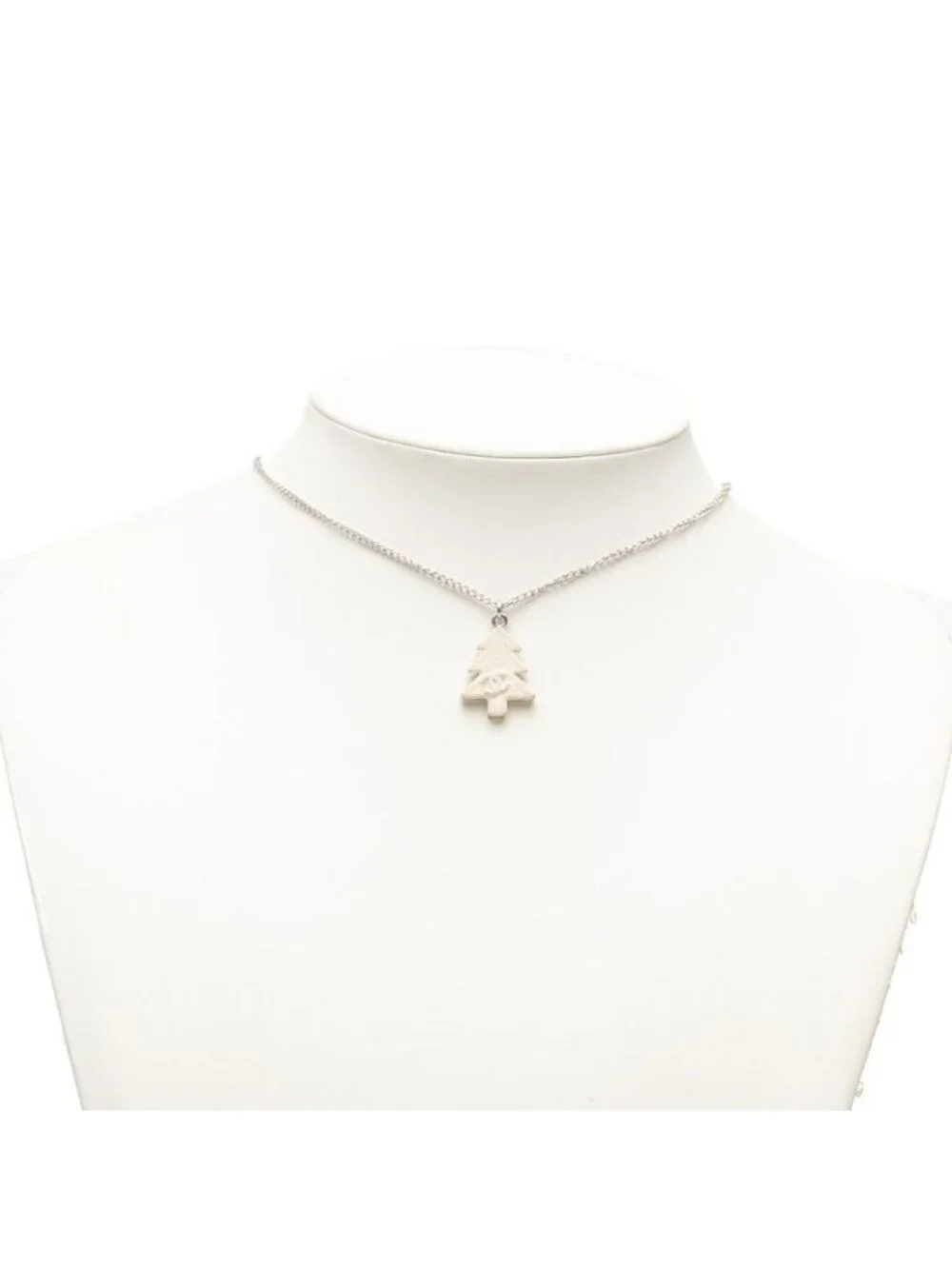 Chanel CC Logo Christmas Tree Motif Necklace Silver White Metal